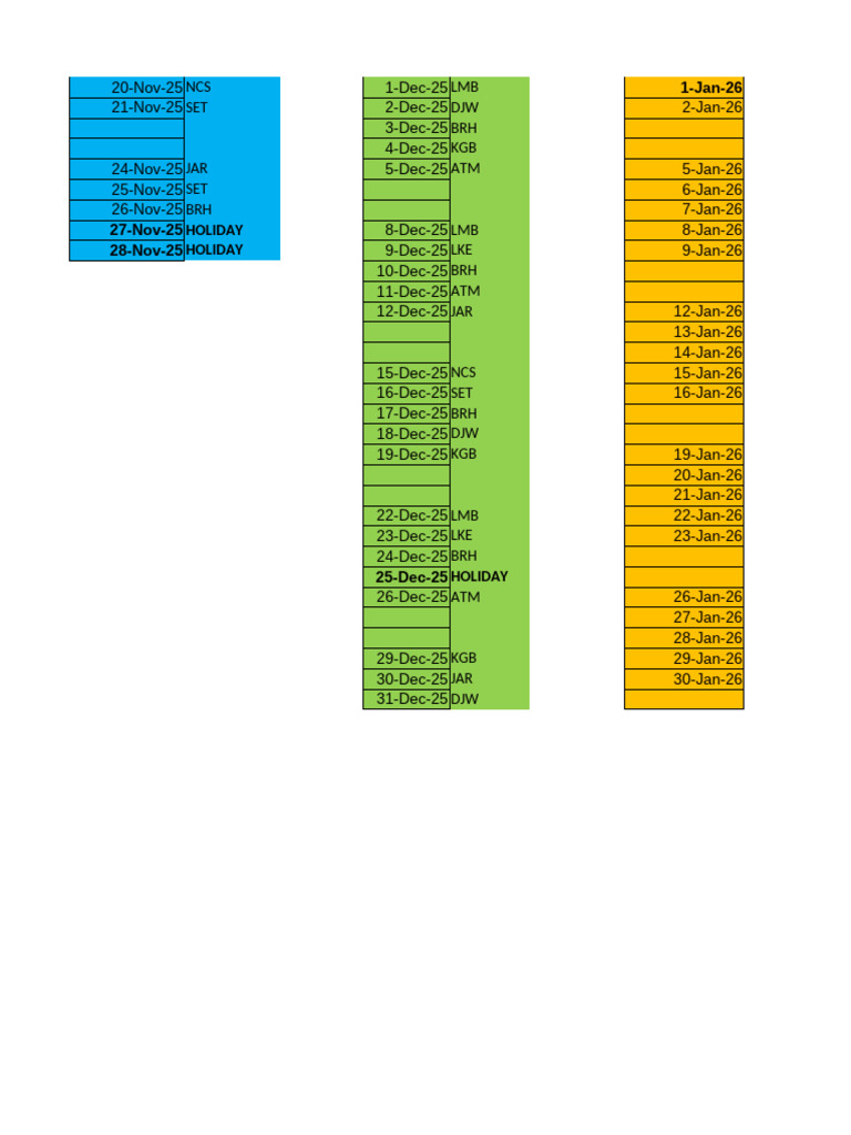 10 Week Schedule November 20 Through February 2 | PDF