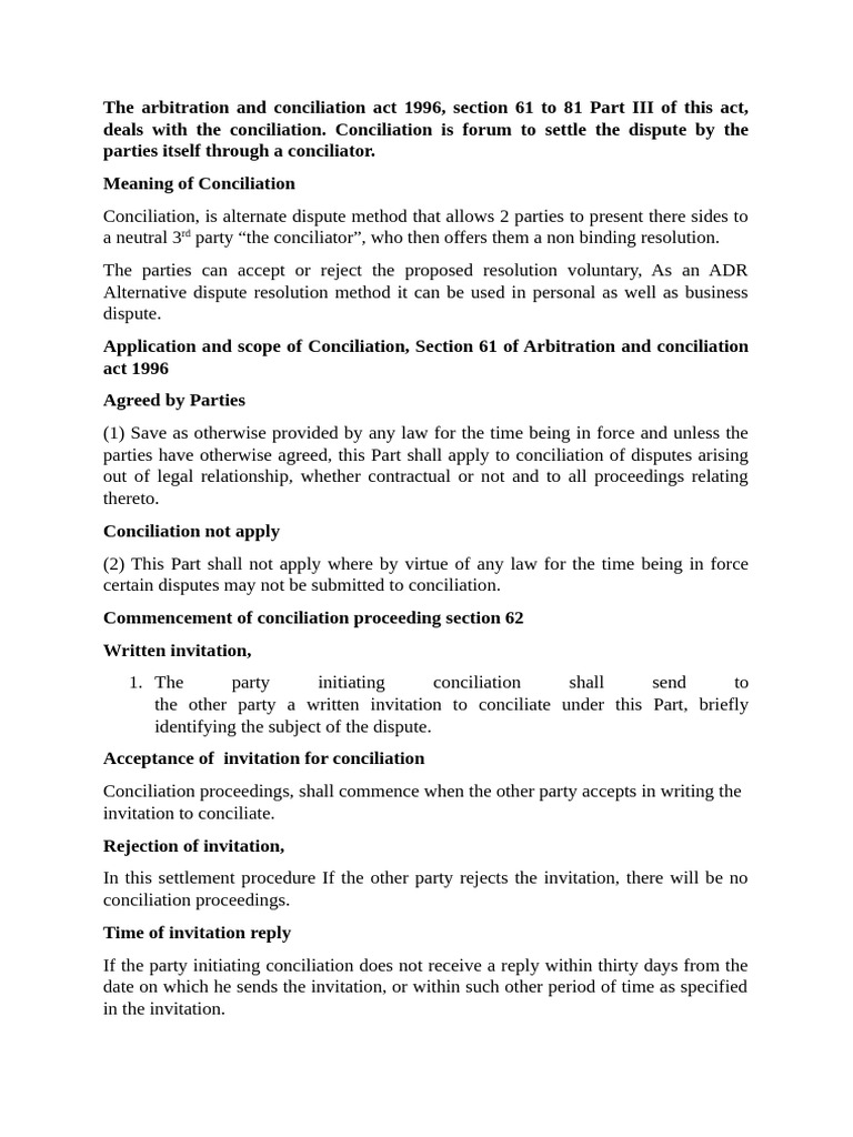 Conciliation Process Under Arbitration Act | PDF | Alternative Dispute ...