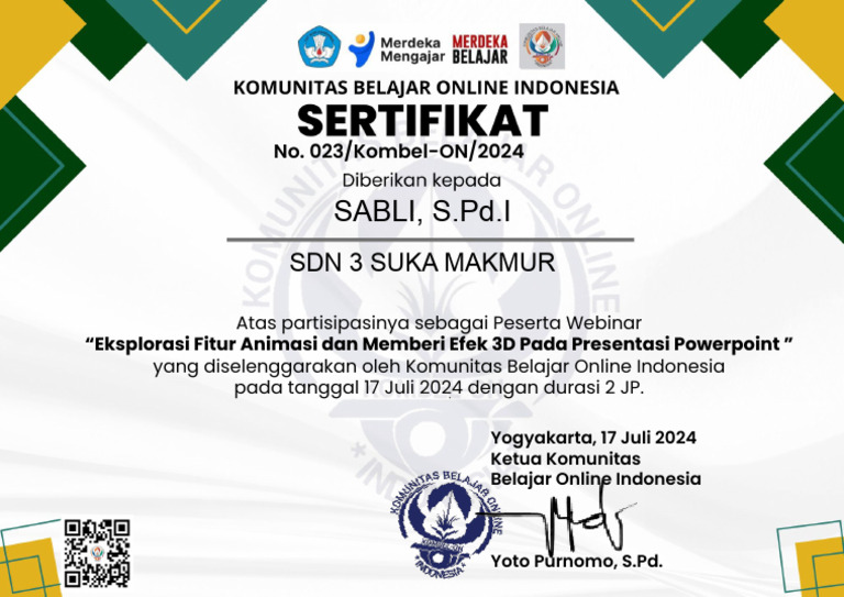 Sertifikat Webinar Animasi PowerPoint | PDF