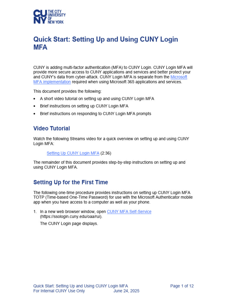 CUNY Login MFA Setup Guide | PDF | Login | Qr Code