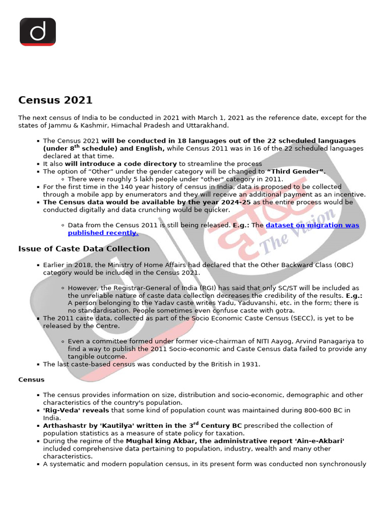 Census 2021: Key Updates and Changes | PDF | Census