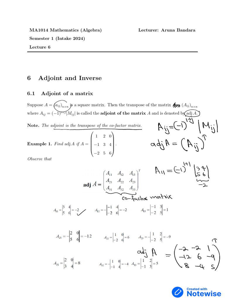 MA1014 Lecture 6 Semester 1 Intake 2024 (Class Notes) | PDF | Matrix ...