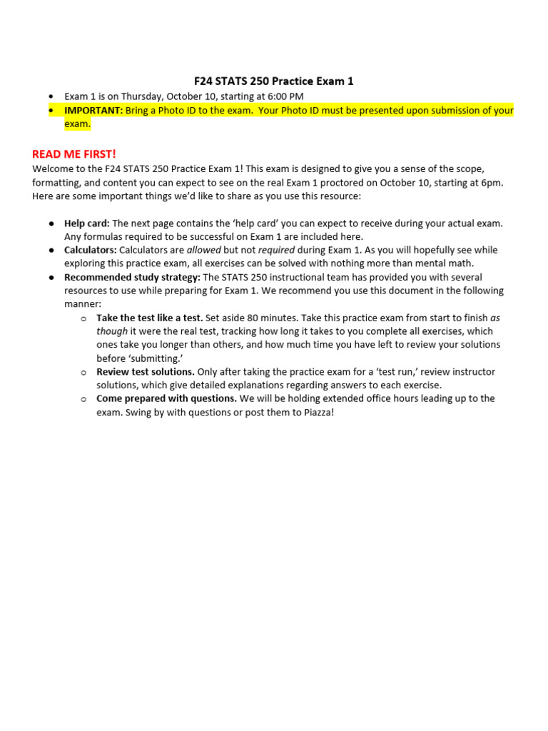 F24 STATS 250 Practice Exam Guide | PDF | P Value | Confidence Interval