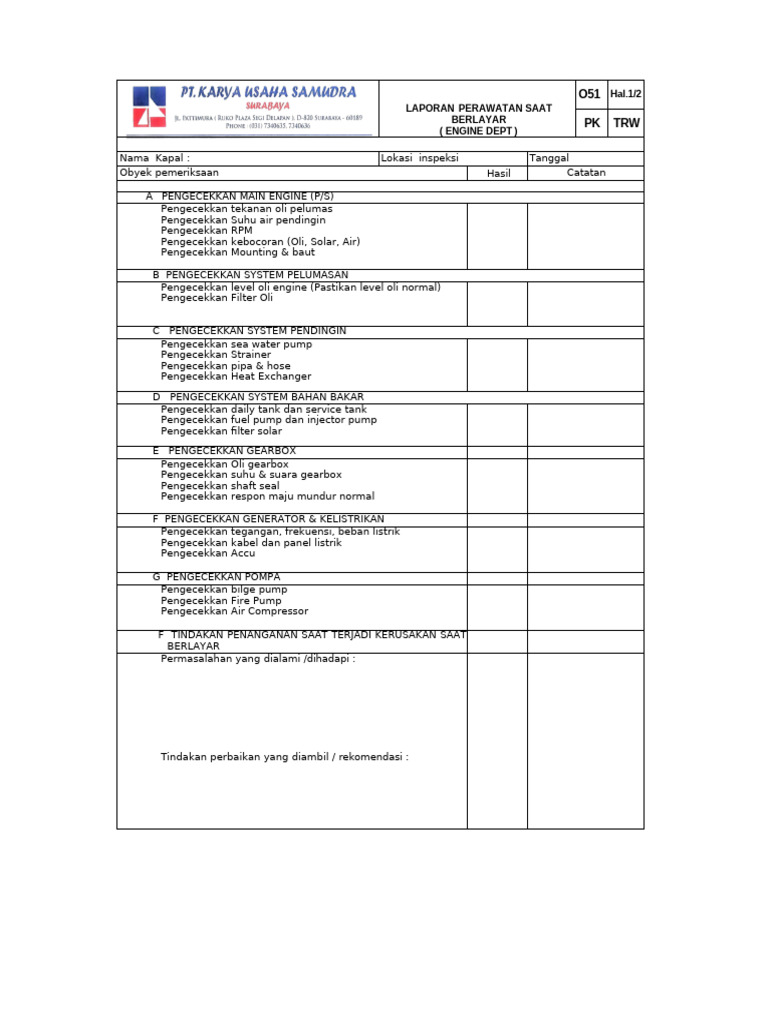 Checklist Perawatan Engine | PDF