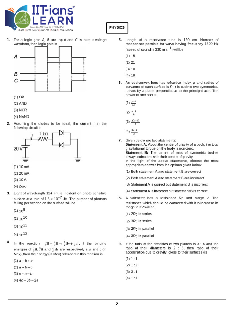Physics Questions for NEET Preparation | PDF | Waves | Force