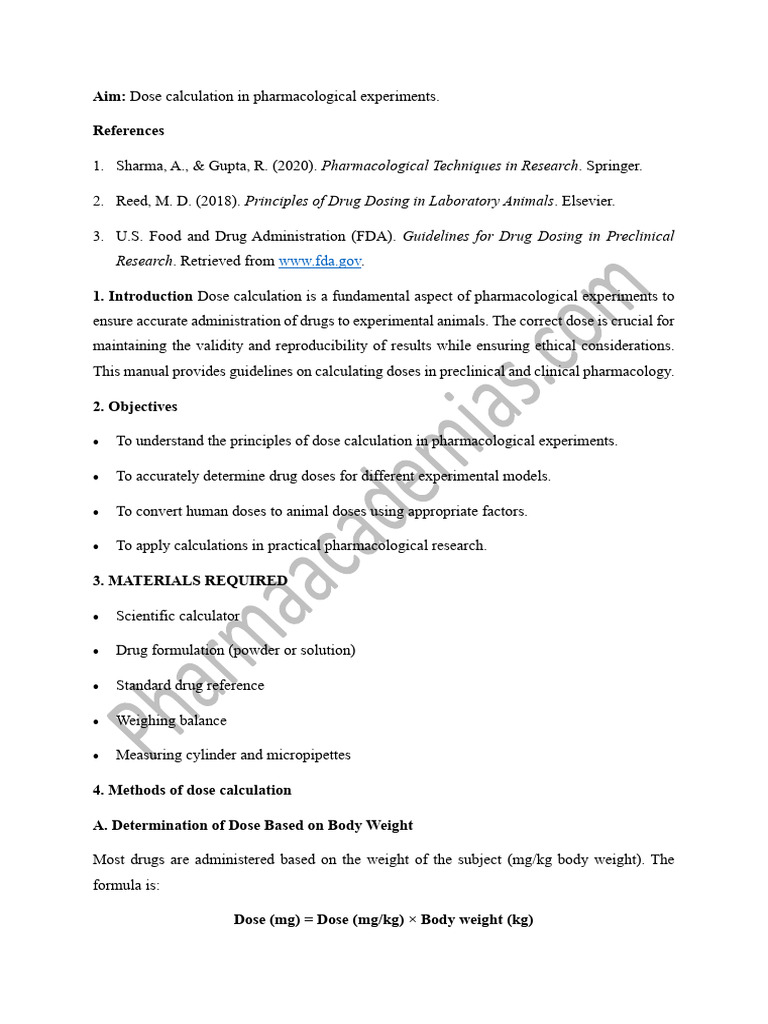 Pharmacological Dose Calculation Guide | PDF | Dose (Biochemistry ...
