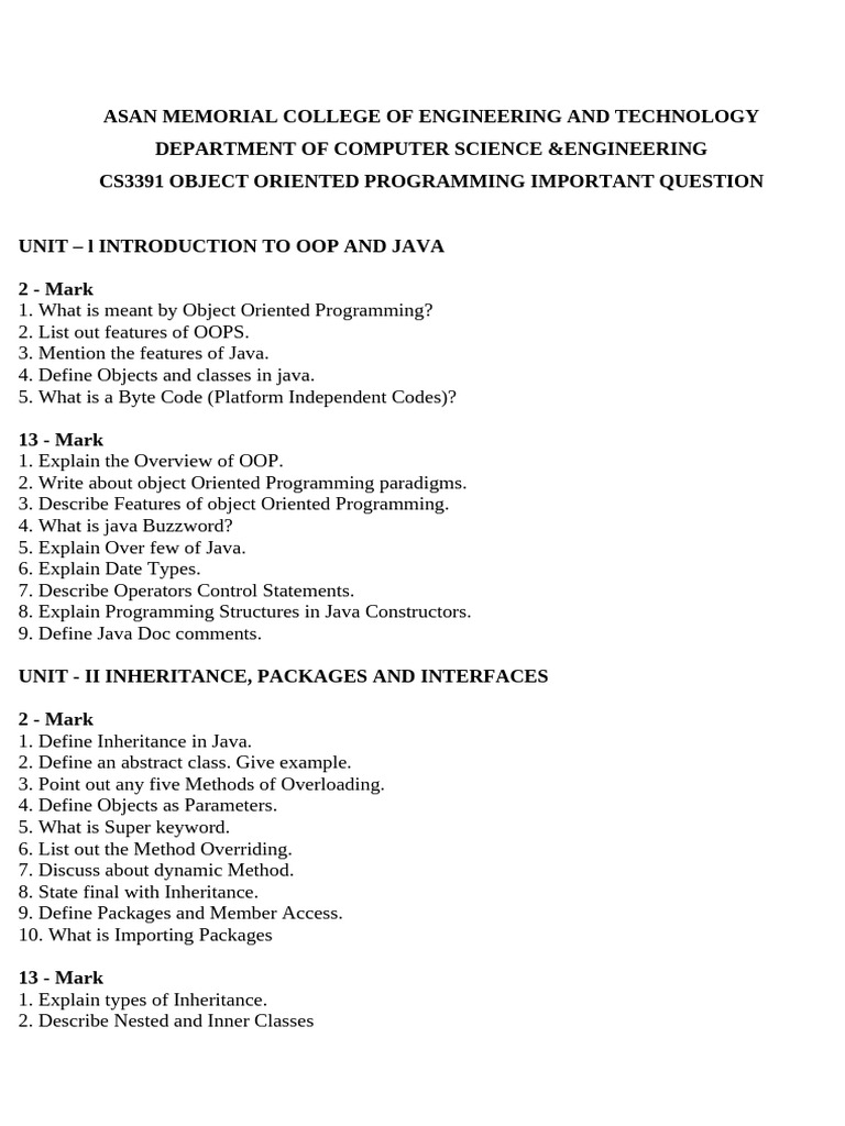 OOP and Java Important Questions Guide | PDF | Method (Computer ...