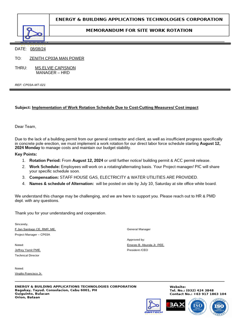 Ref 021 -Work Rotation Direct Labor- Hrd - Cp03a - 08-08-24 | PDF