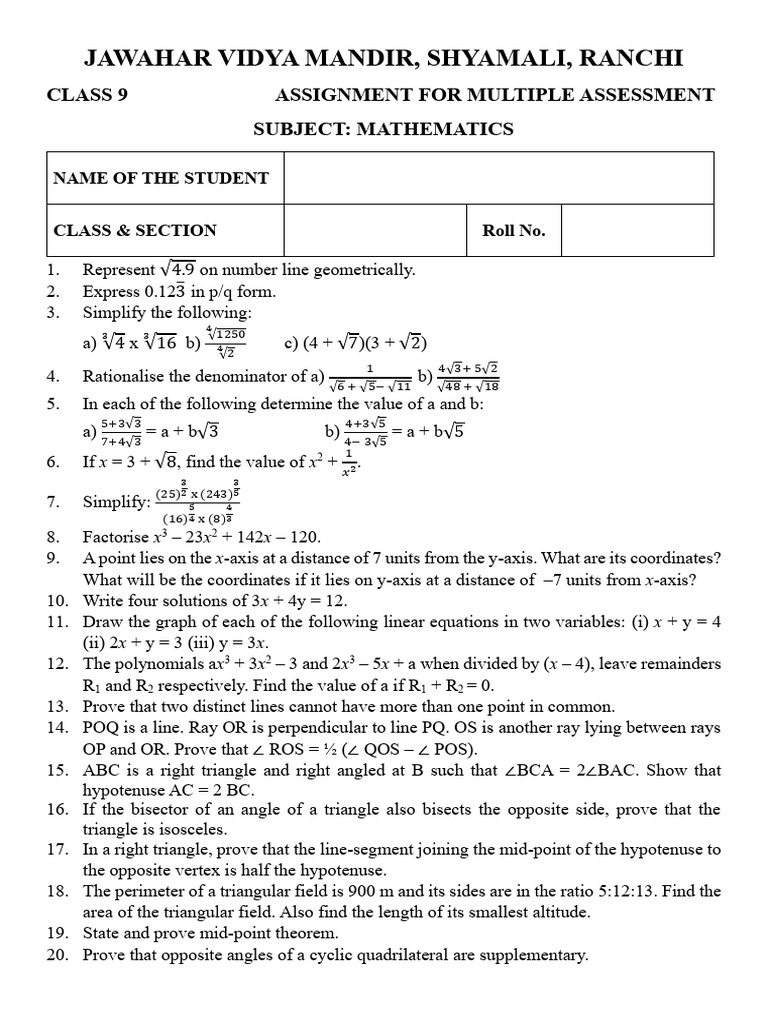 Class 9 Mathematics Assignment Guide | PDF | Triangle | Angle