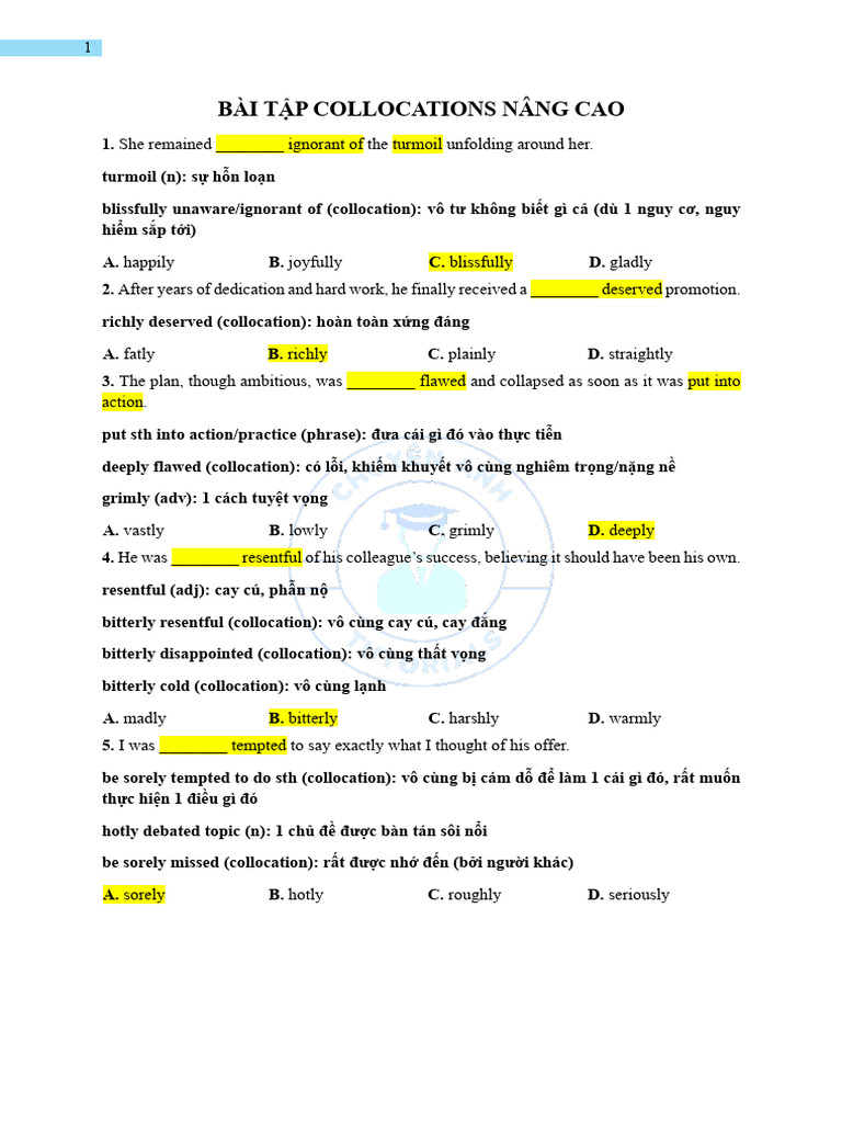 Advanced Collocations Exercises | PDF