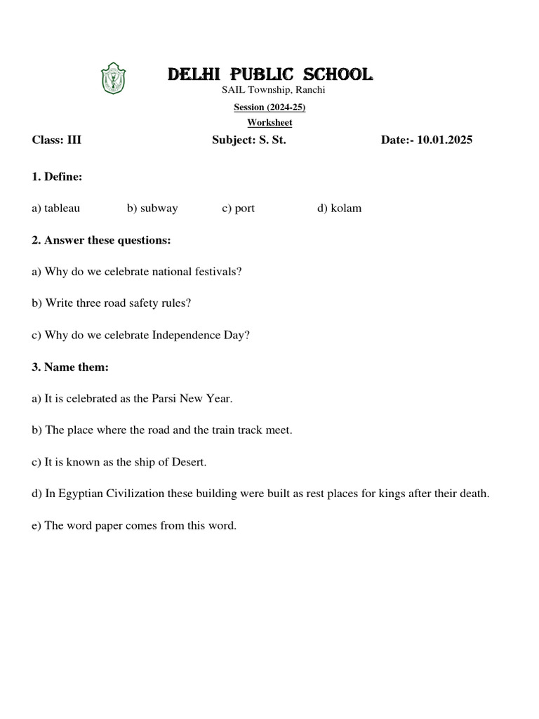 Class III Social Studies Worksheet | PDF