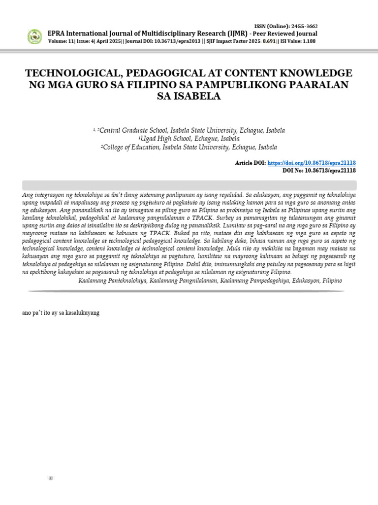 Technological, Pedagogical at Content Knowledge NG Mga Guro Sa Filipino ...