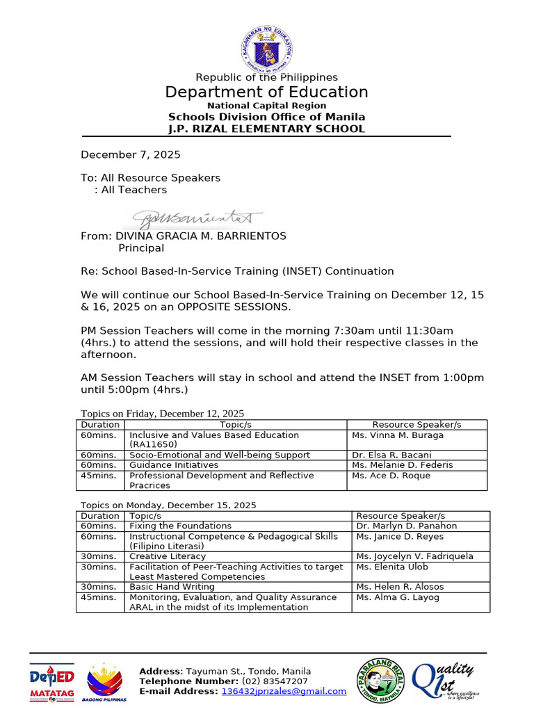 INSET Training Schedule for Teachers 2025 | PDF | Learning
