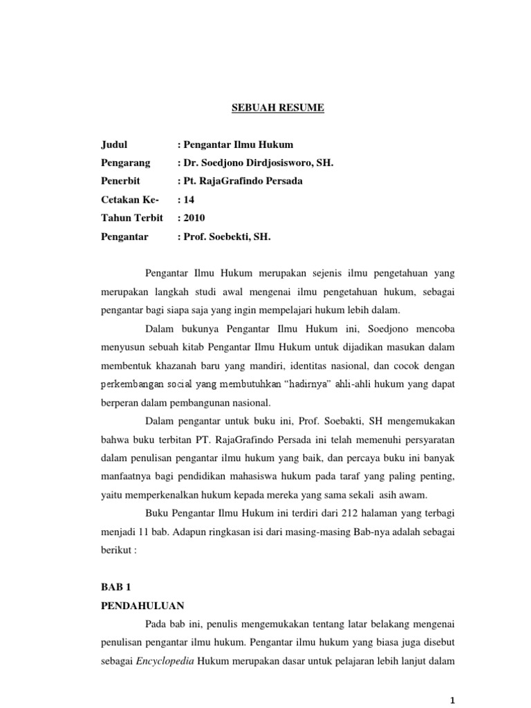 resume buku Pengantar Ilmu Hukum oleh Dr. Soedjono Dirdjosisworo, SH.