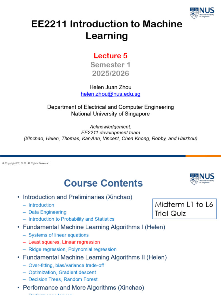 EE2211 Machine Learning Lecture 5 | PDF | Linear Regression | Least Squares
