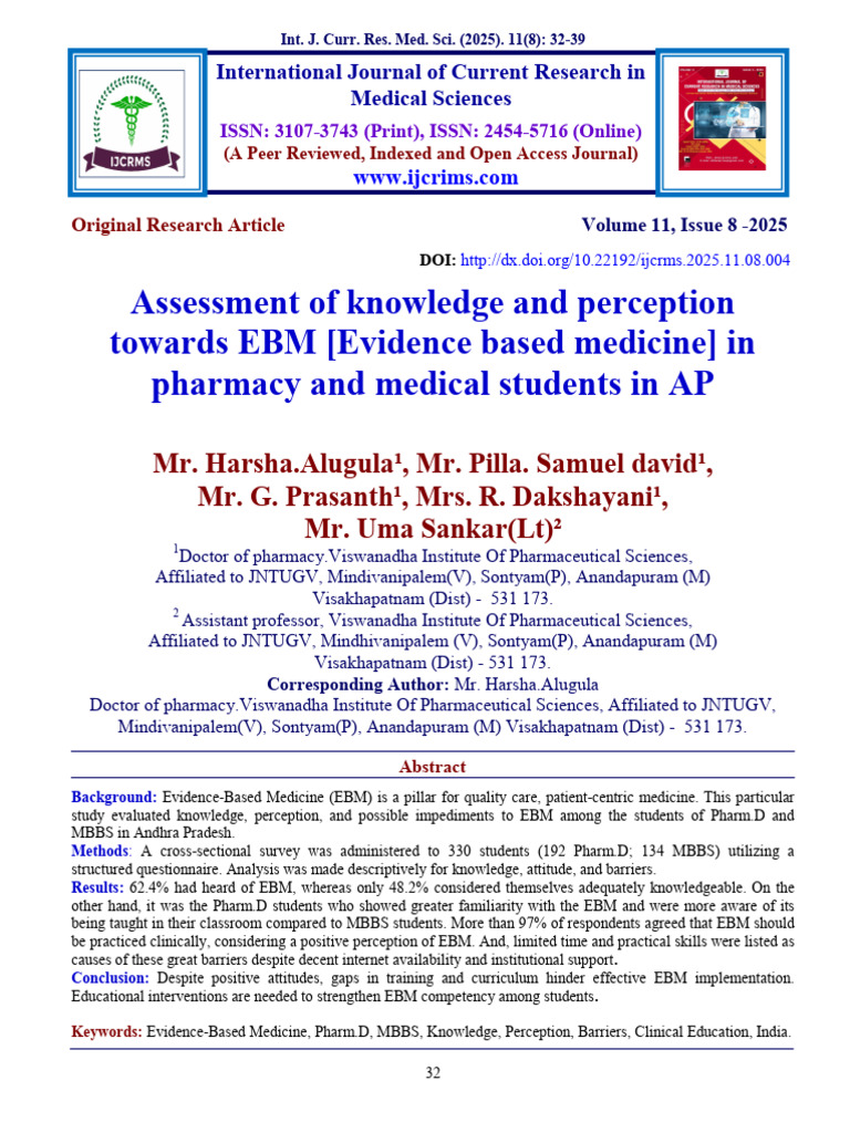 Assessment of Knowledge and Perception Towards EBM [Evidence Based ...