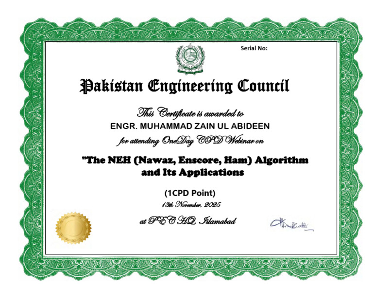 NEH Algorithm CPD Certificate - PEC | PDF