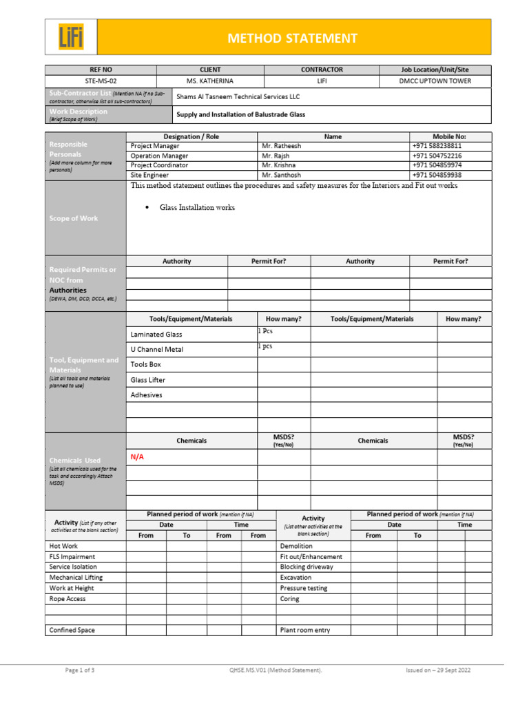 Method Statement Glass Works | PDF