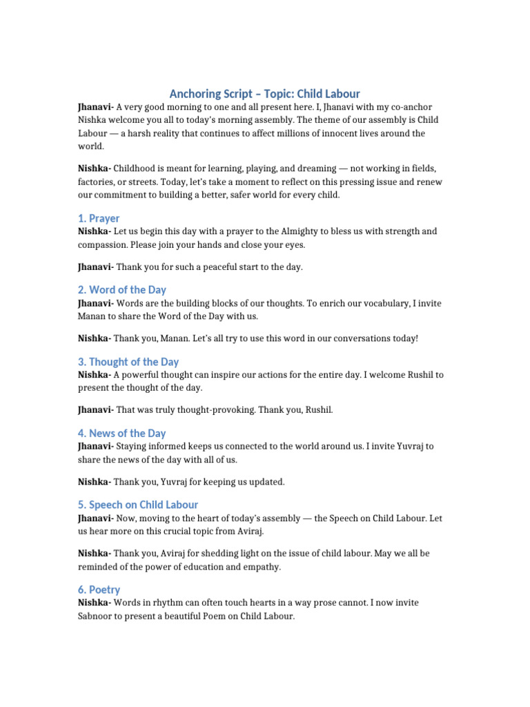 Child Labour Awareness Assembly Script | PDF