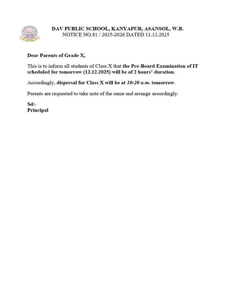 Class X Pre-Board Exam Notice | PDF