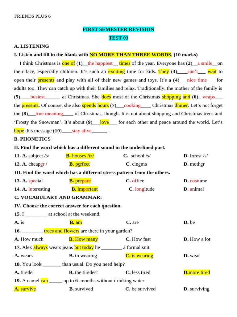 First Semester Revision Test 03 | PDF