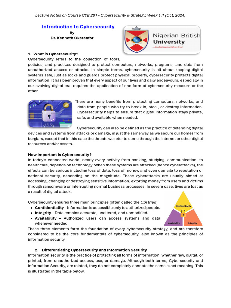 CYB 201 Week 1.1 Lecture Notes | PDF | Security | Computer Security