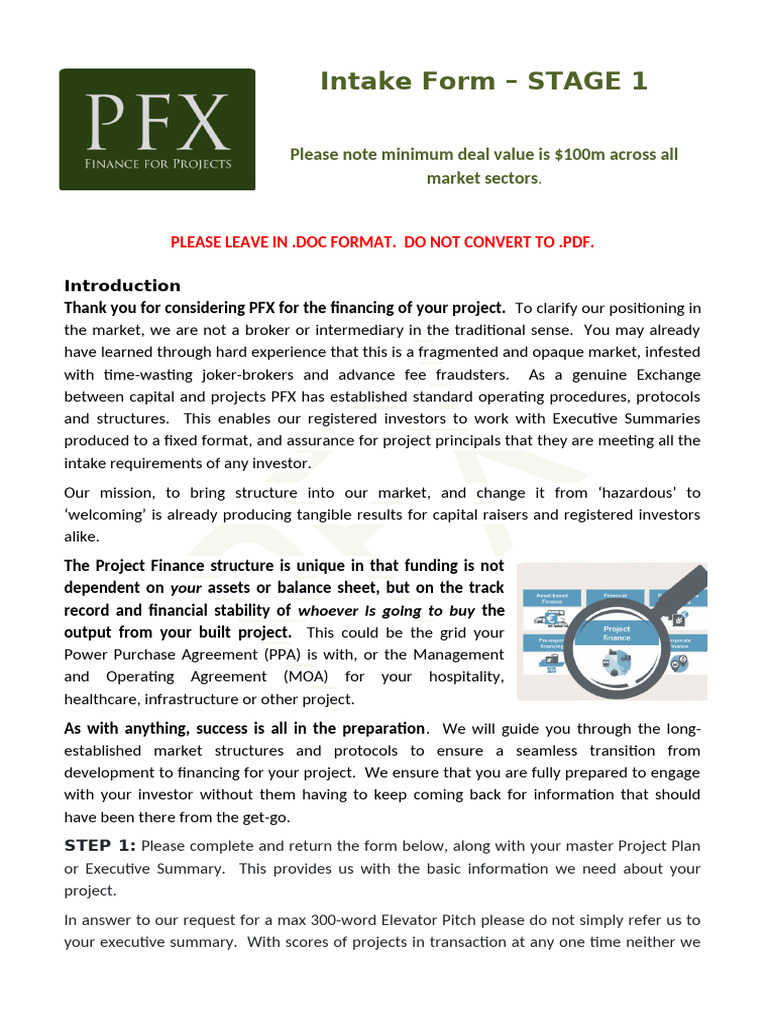 PFX Project Finance Intake Form Guide | PDF | Project Finance | Investing