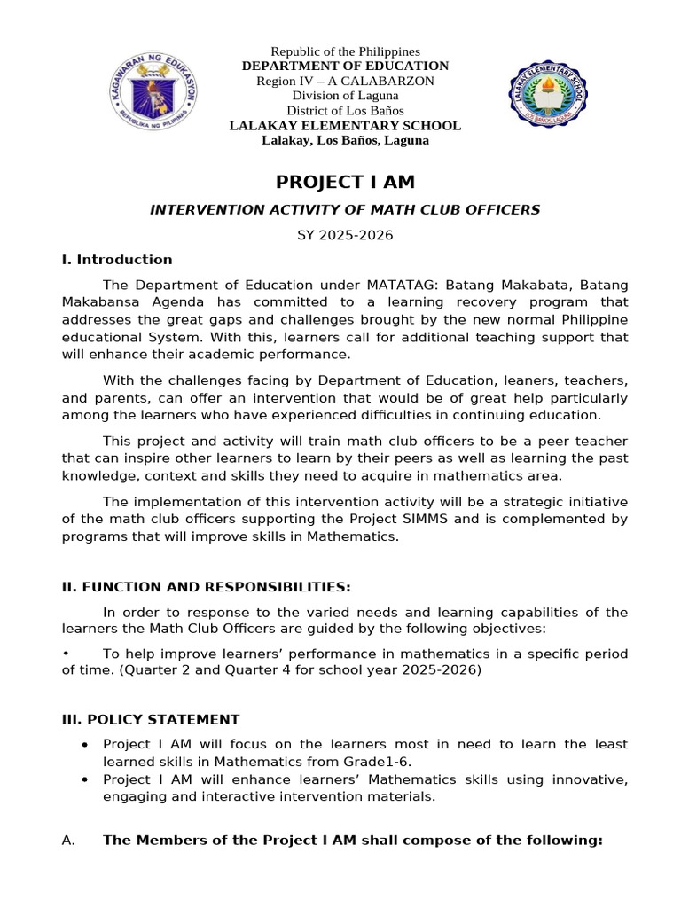 Project I AM: Math Club Intervention Plan | PDF | Teachers | Mathematics