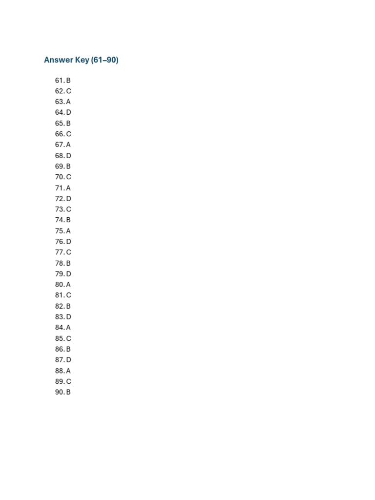 Answer Key for Questions 61-90 | PDF