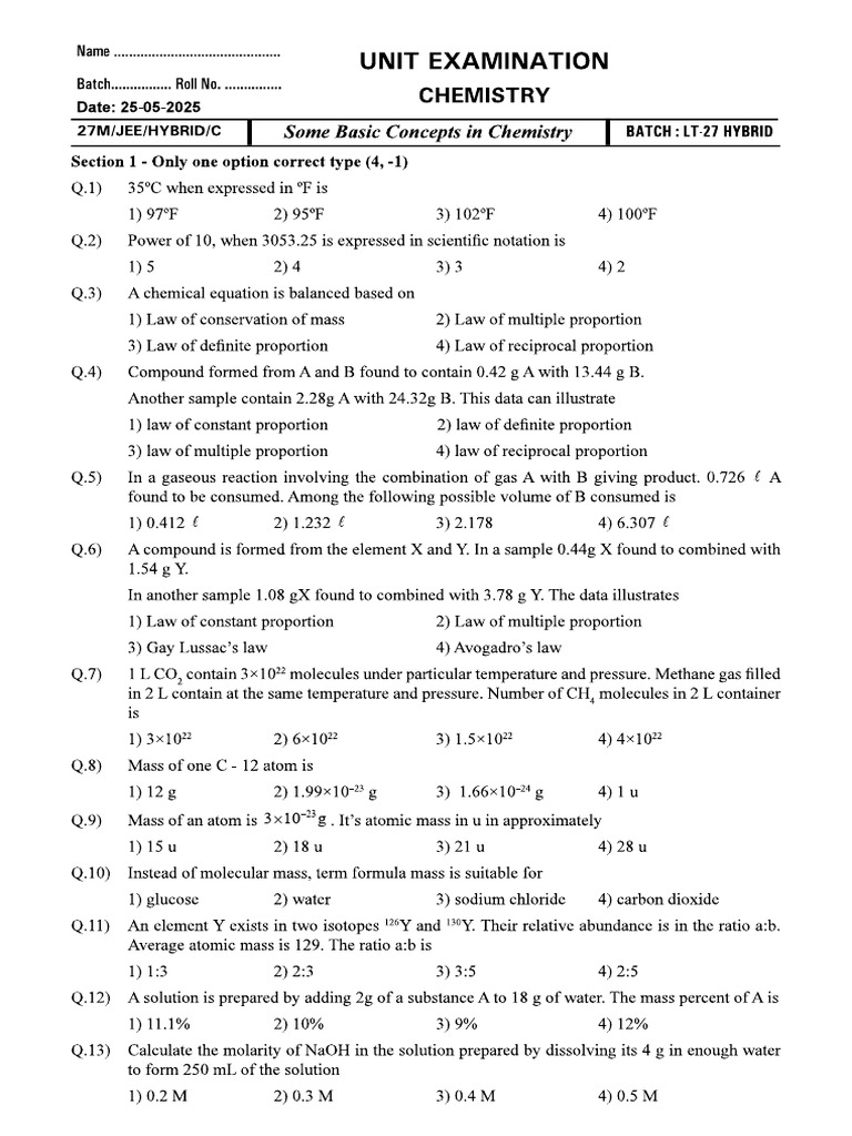 JEE MAIN (Basic Concepts of Chemistry) 25-05-2025 (27 HYB AB) | PDF
