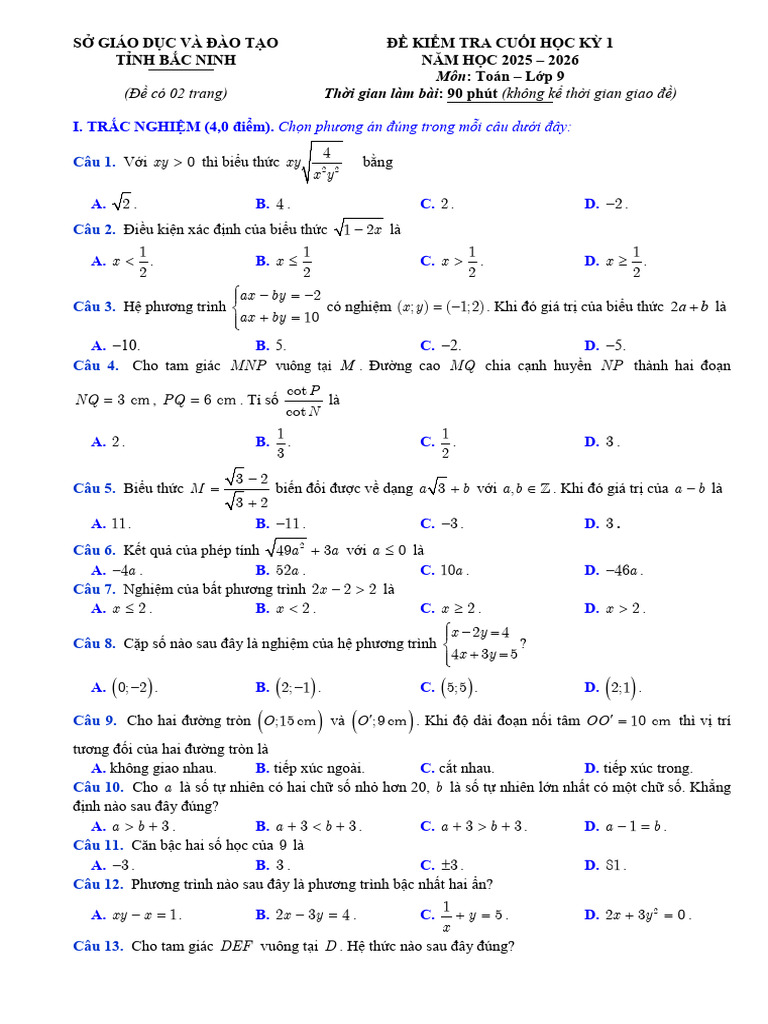 De Kiem Tra Cuoi Hoc Ky 1 Toan 9 Nam 2025 2026 So GDDT Bac Ninh | PDF