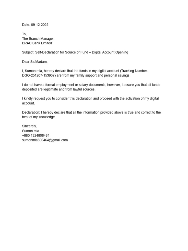 Self-Declaration _ Source of Fund Letter | PDF