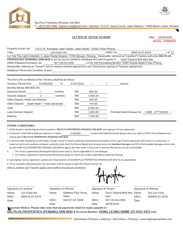 Rental Agreement Offer for Penang Property | PDF | Lease | Landlord