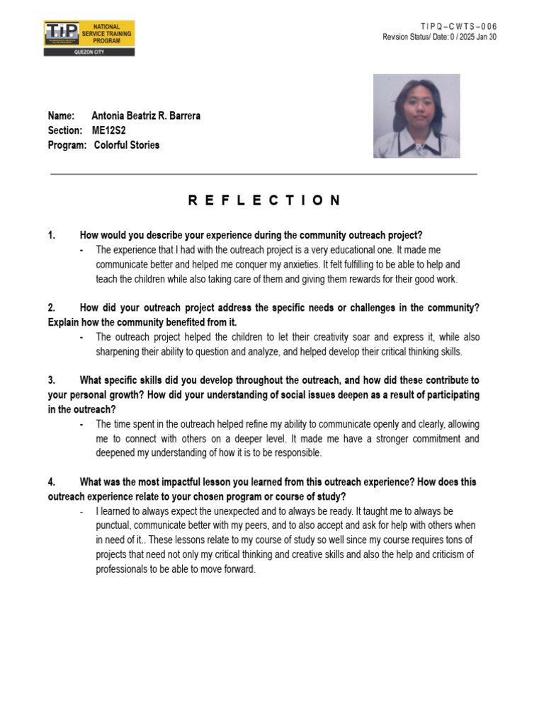 Community Outreach Experience Reflection | PDF