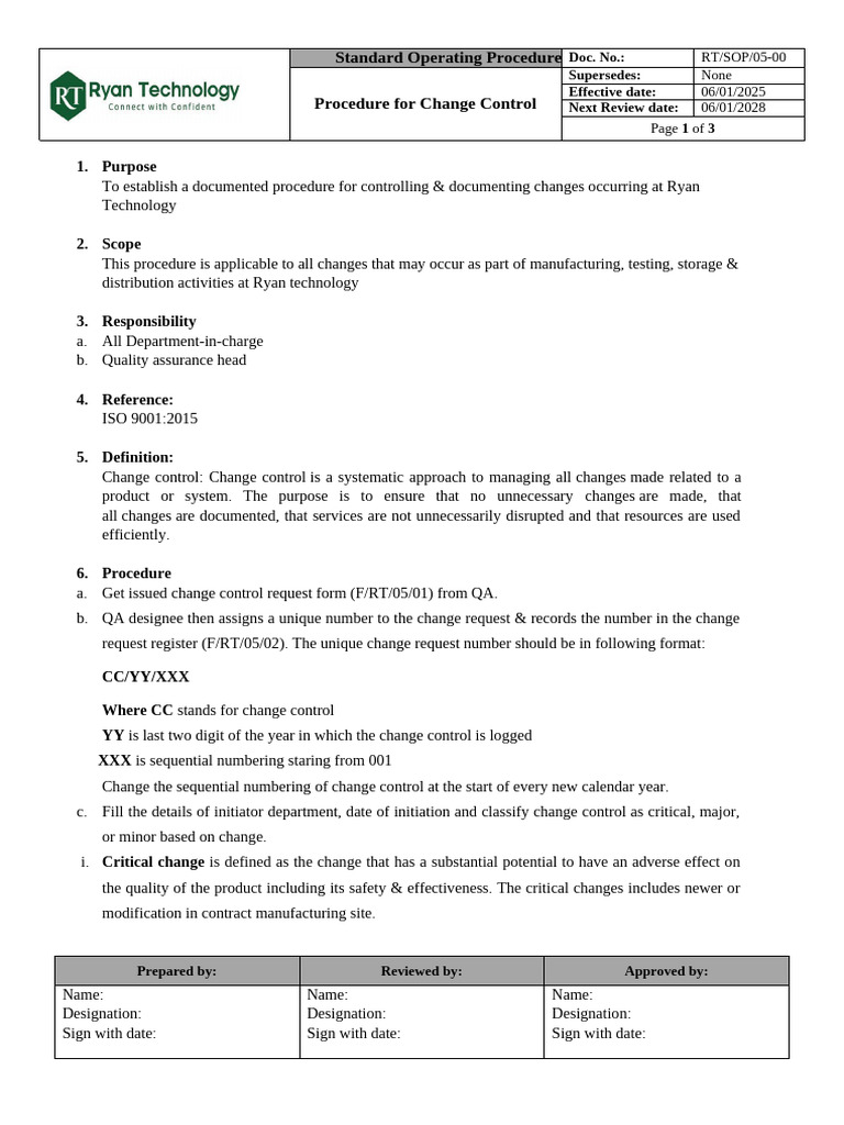 Change Control Procedure SOP | PDF | Quality Assurance | International ...