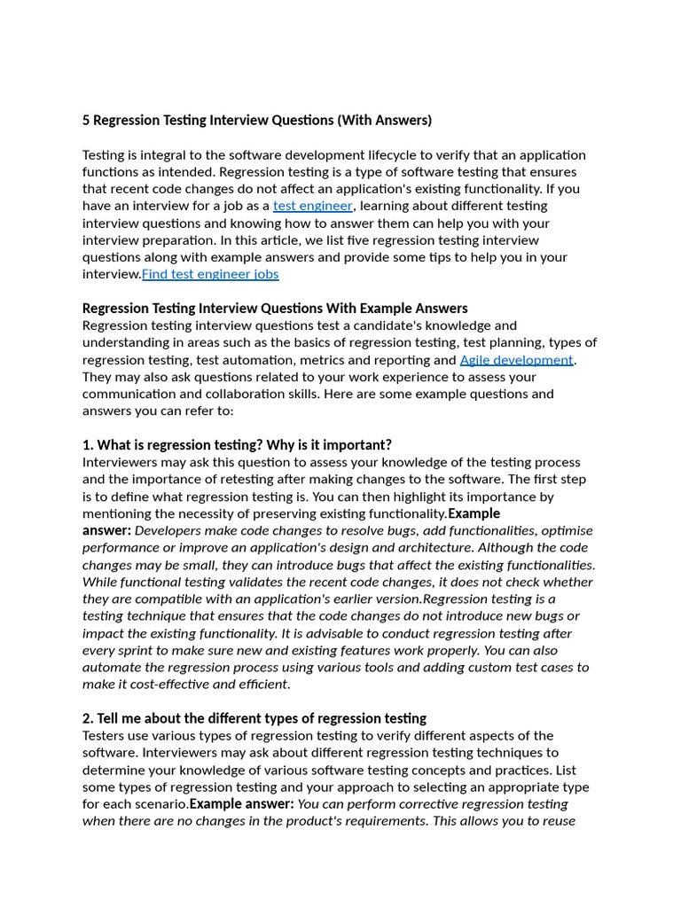 5 Regression Testing Interview Questions | PDF | Software Testing ...