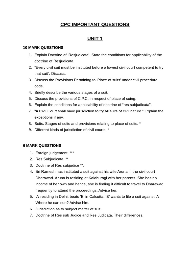 CPC Key Questions and Concepts Guide | PDF | Lawsuit | Judgment (Law)