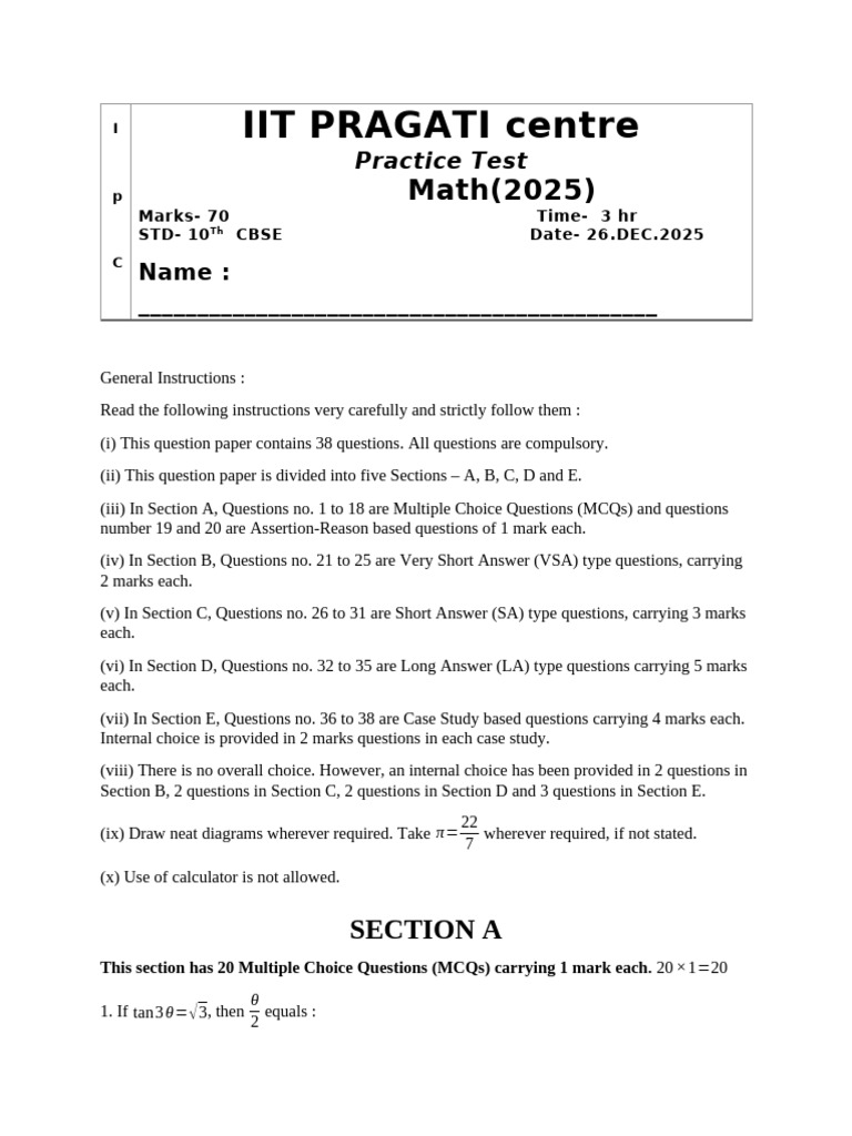 CBSE Class 10 Math Practice Test 2025 | PDF | Circle | Area