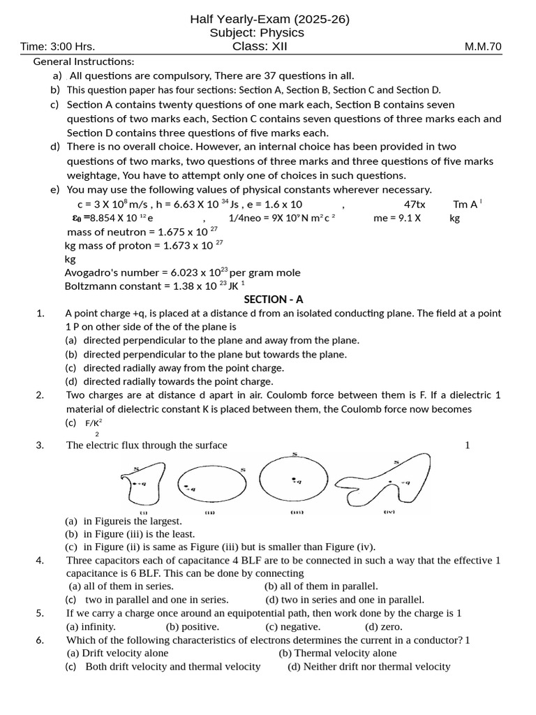 Physics Half Yearly Exam Paper 2025-26 | PDF | Magnetic Field | Magnetism