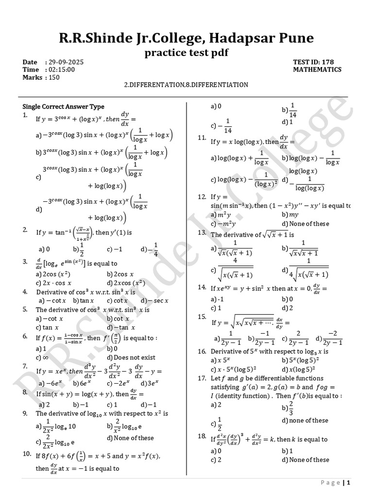 Mathematics Differentiation Practice Test | PDF | Mathematical ...