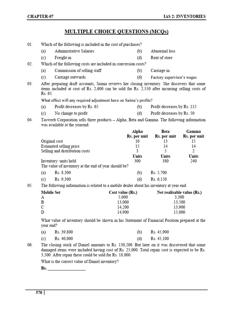 Mcqs Chapter # 7 Inventories | PDF | Cost Of Goods Sold | Debits And ...