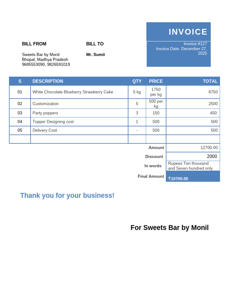 Invoice for Sweets Bar Order #127 | PDF