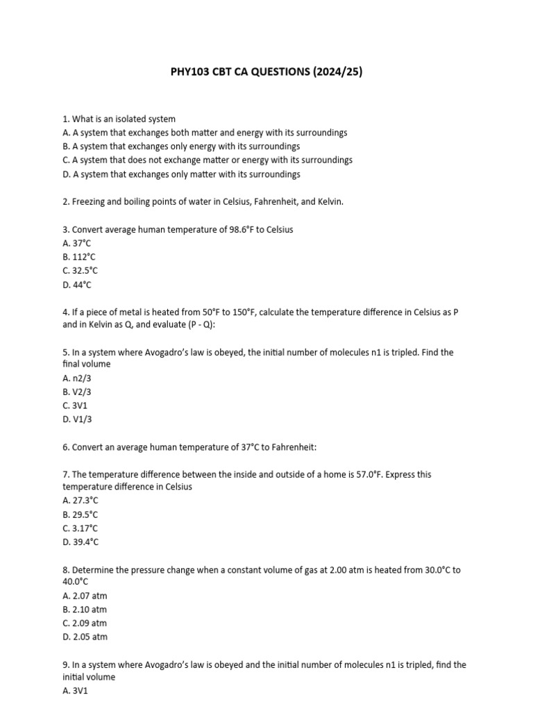 PHY103 CBT Questions for 2024/25 | PDF | Temperature | Heat