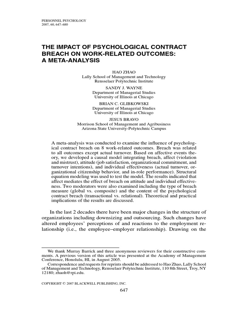 Meta-Analysis of Psychological Contract Breach | PDF | Attitude ...