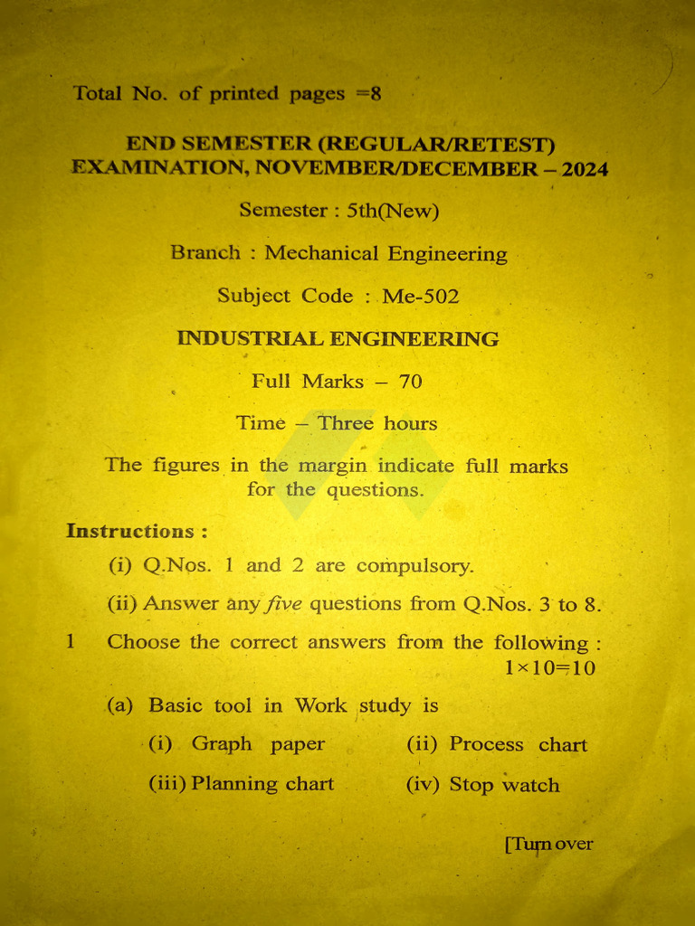 Industrial Engineering Exam Paper 2024 | PDF