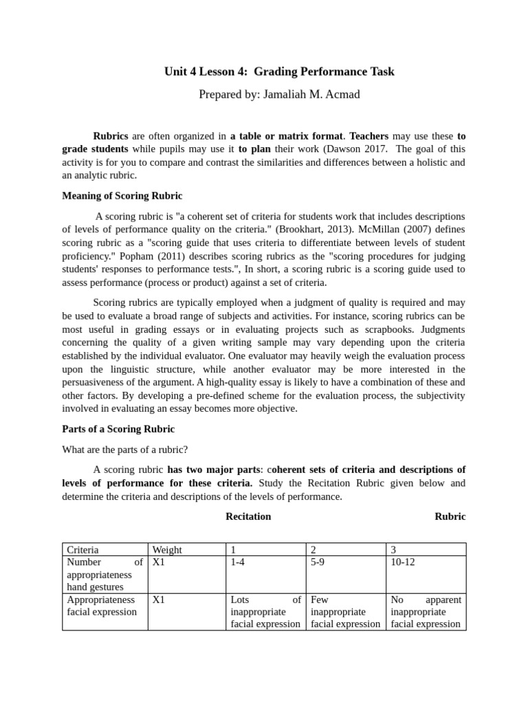 Unit-4-lesson-4-Grading-Performance-Task | PDF | Rubric (Academic ...