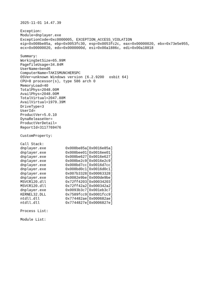 dnplayer.exe Access Violation Error Report | PDF