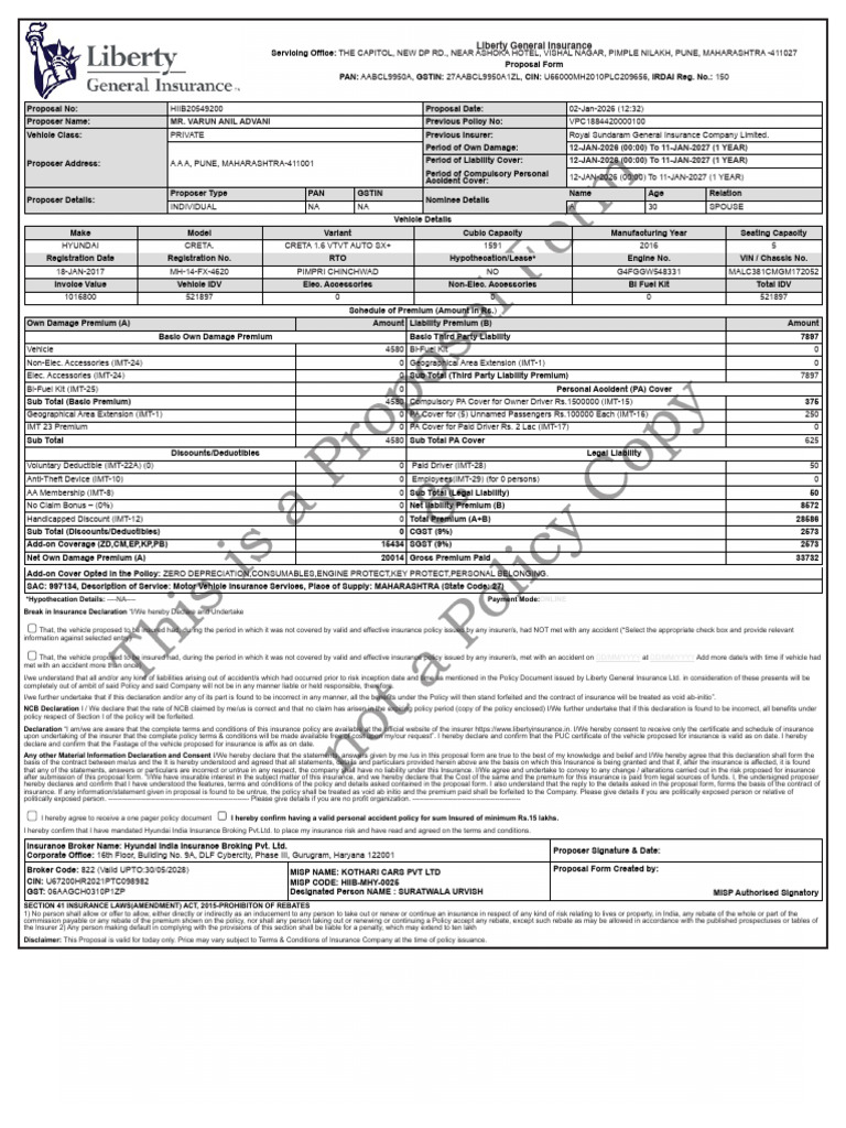 Liberty General Insurance Proposal Form | PDF | Insurance | Deductible