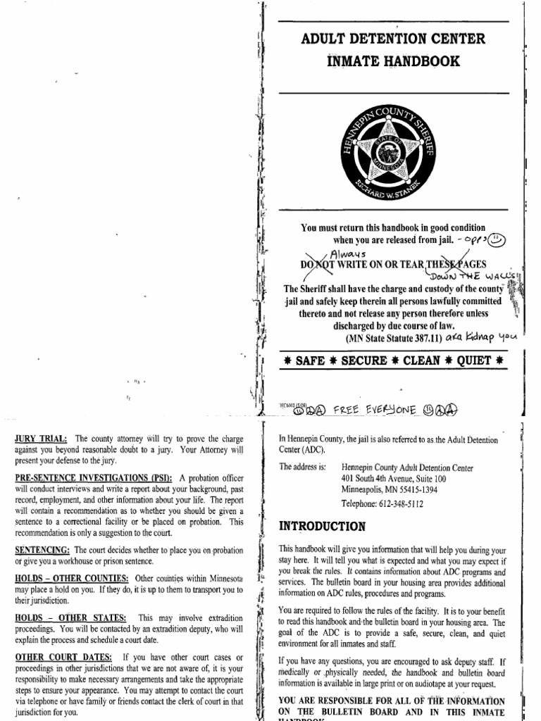 Hennepin County Adult Detention Center Inmate Handbook | PDF