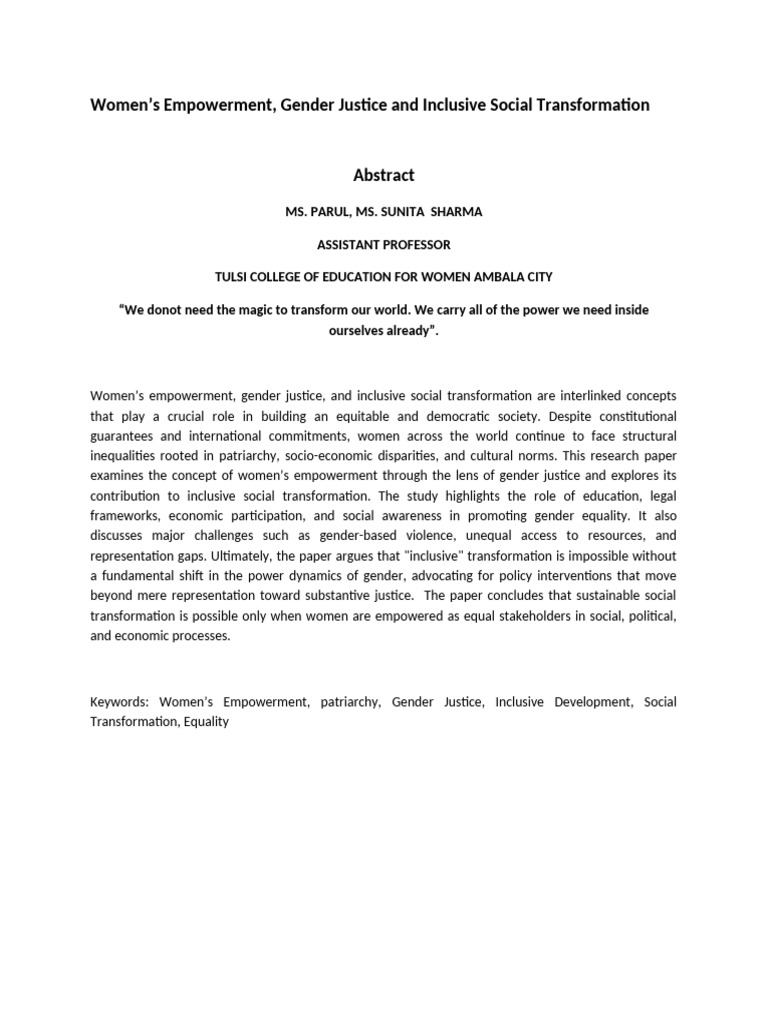 Women Empowerment, Social Justice and Inclusive Social Transformation ...